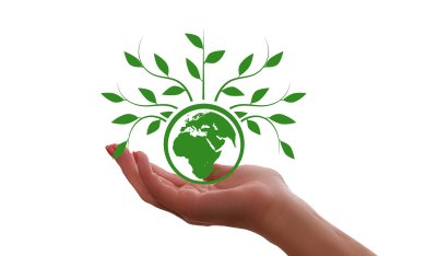 eine Hand hält ein grünes Erdensymbol, aus dem grüne Zweige ranken.