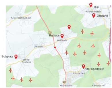 Ein Kartenausschnitt zeigt die markierten Windparks