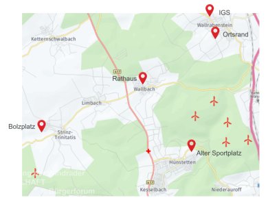 Kartenausschnitt mit Windkraftanlagen an Standorten auf die Hünstetten keinen Einfluss hat